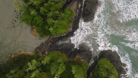 AERIAL-Shot-of-a-beach-in-Tofino,-British-Columbia,-Canada