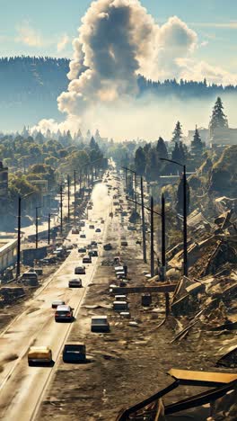 destruction and chaos on city street after major disaster event