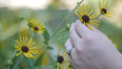 hand with engagement ring holding a quilled brown-eyed susan flower