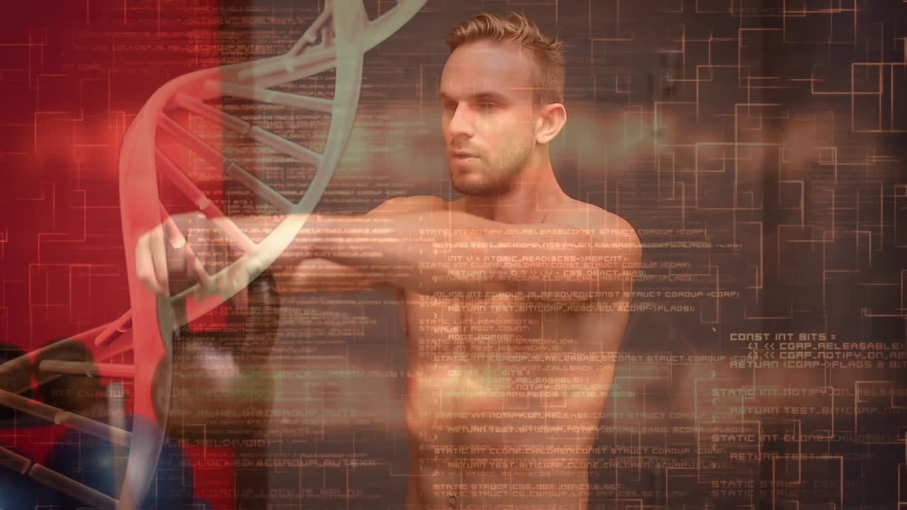 animación de la hilatura de cadenas de adn y procesamiento de datos sobre el ejercicio del hombre fuerte