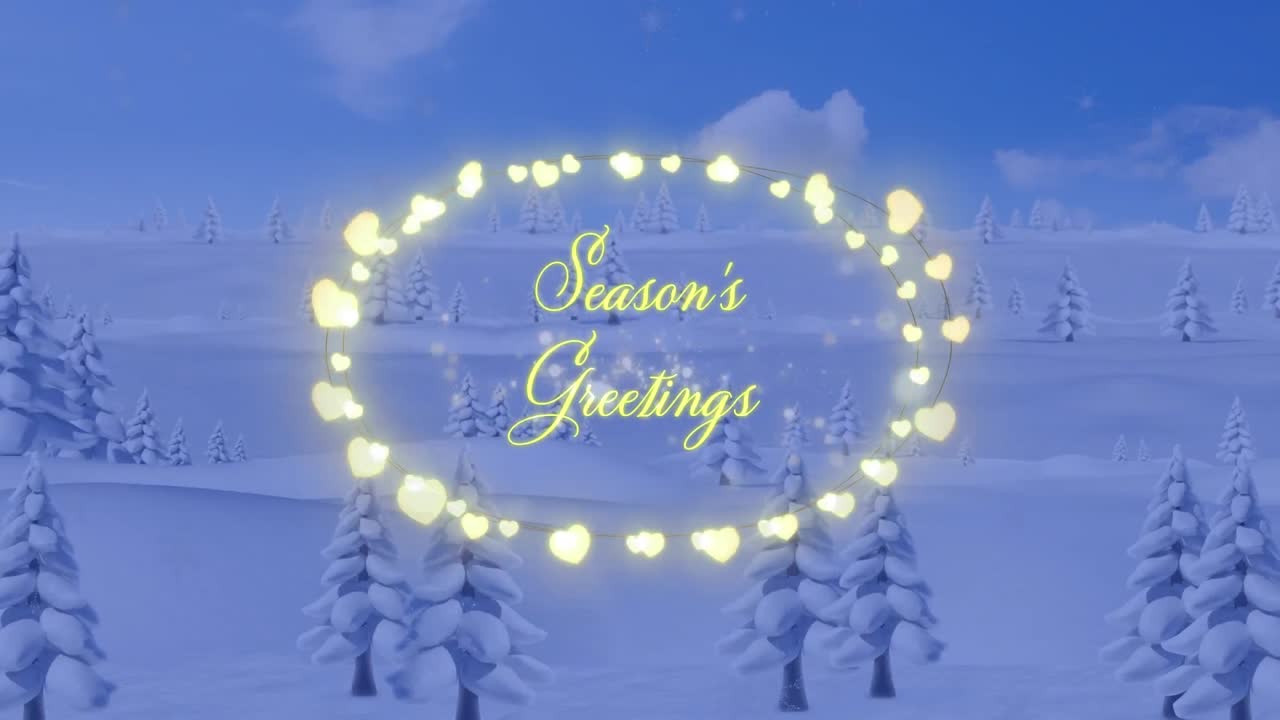 Animation of season's greetings text with fairy lights over snow falling and winter landscape