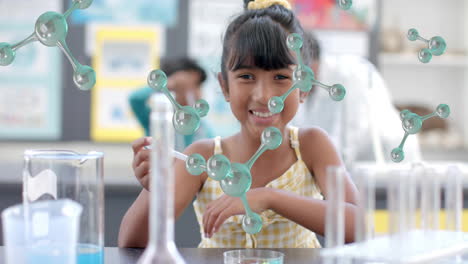 smiling girl conducting science experiment with molecular structure animation over classroom