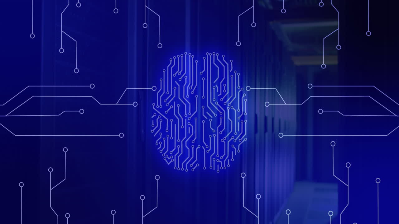 animación de cerebro de neón y red de conexiones a través de la sala de servidores