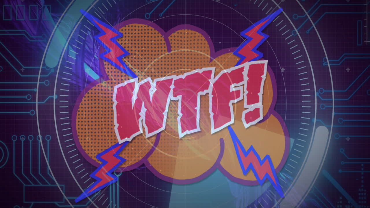 Animation of WTF! text with colorful lightning bolts and abstract background