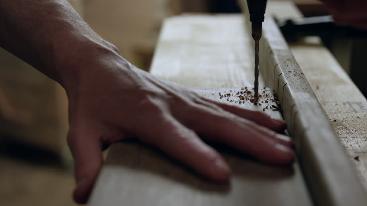 hombre que usa una prensa de taladro para hacer un agujero en un trozo de madera - cierra las manos