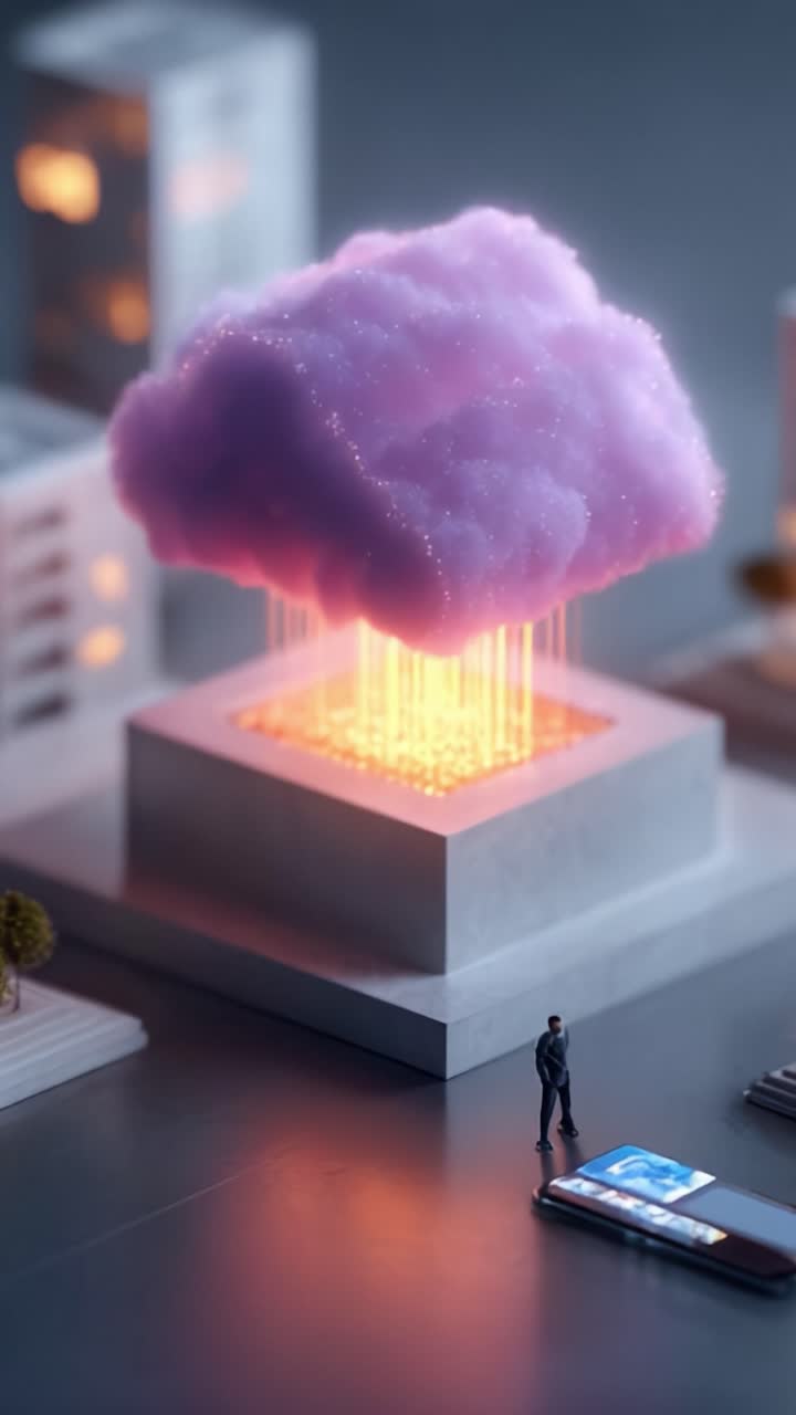 Uma exibição cativante de tecnologia imaginativa com uma nuvem rosa vibrante emitindo fluxos de dados brilhantes, mostrando a fusão da natureza e da inovação em uma paisagem urbana moderna