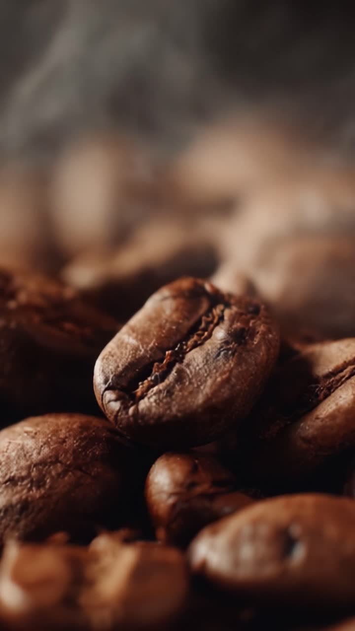 Et indbydende og aromatisk nærbillede af friskristede kaffebønner, der fremviser deres rige tekstur og glansfulde overflade i et varmt, indbydende miljø.
