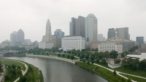 aerial view of columbus ohio on a foggy smoky day - approaching from genoa park