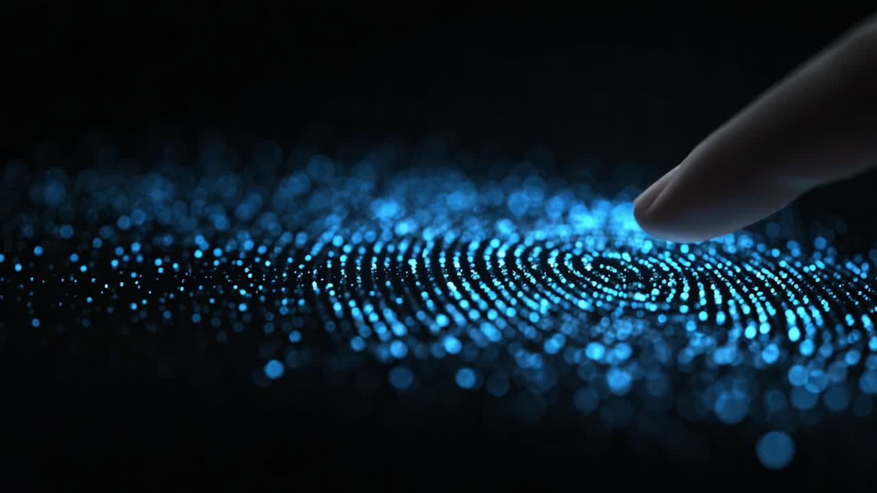 A Visual Journey Through the Mesmerizing Spiral of Blue Particles Highlighting a Finger Touching a Digital Surface in a Dark Environment