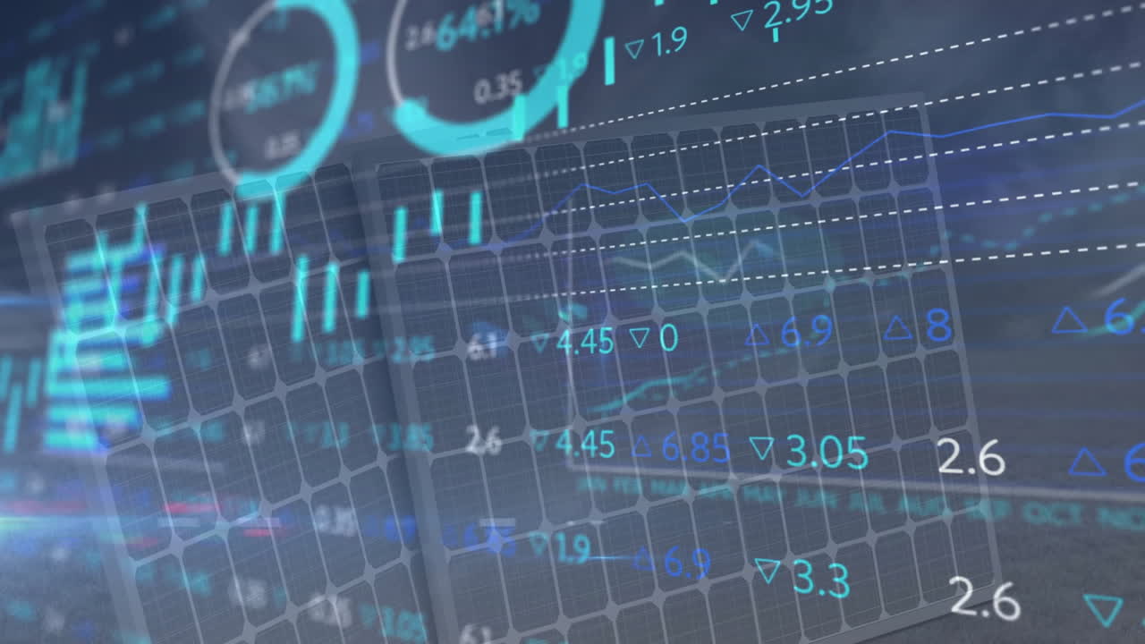 Financial data and stock market analysis animation over digital grid background