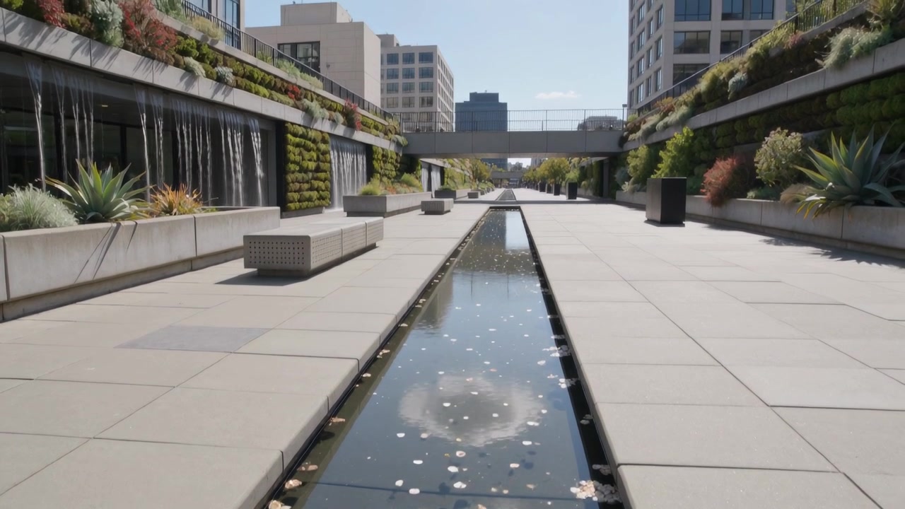 La cámara se aleja revelando un estrecho estanque reflectante en una terraza en la azotea, exponiendo un puente peatonal