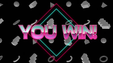 animation of you win text over abstract shapes and neon lines