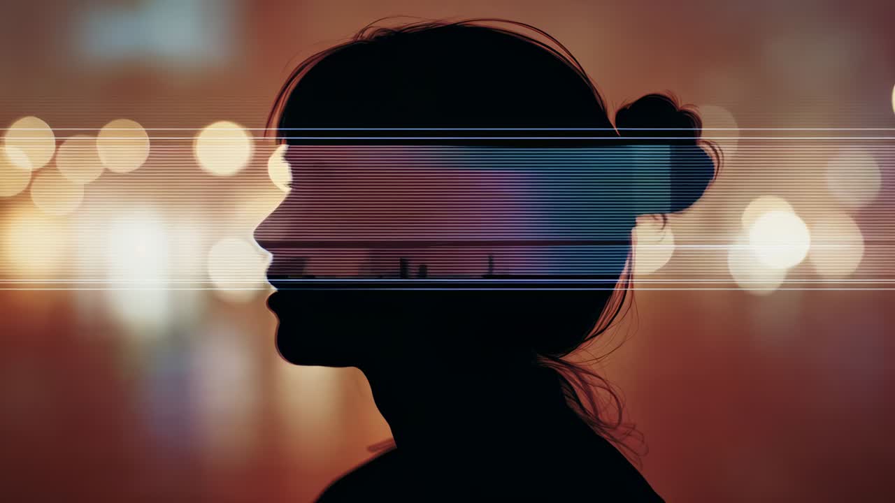 Standing woman in profile with bun at night, glitch bands shifting while headlights approaching