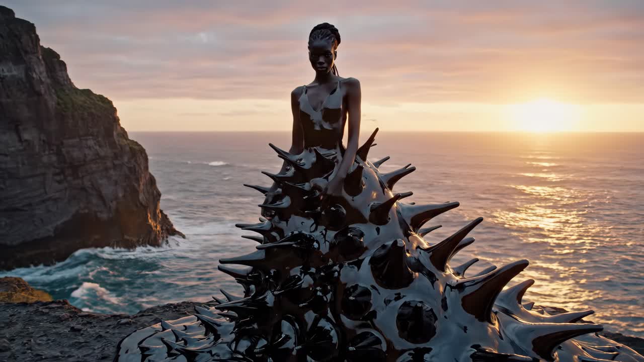 Woman in Spiky Avant-Garde Dress Posing on Cliff at Sunset