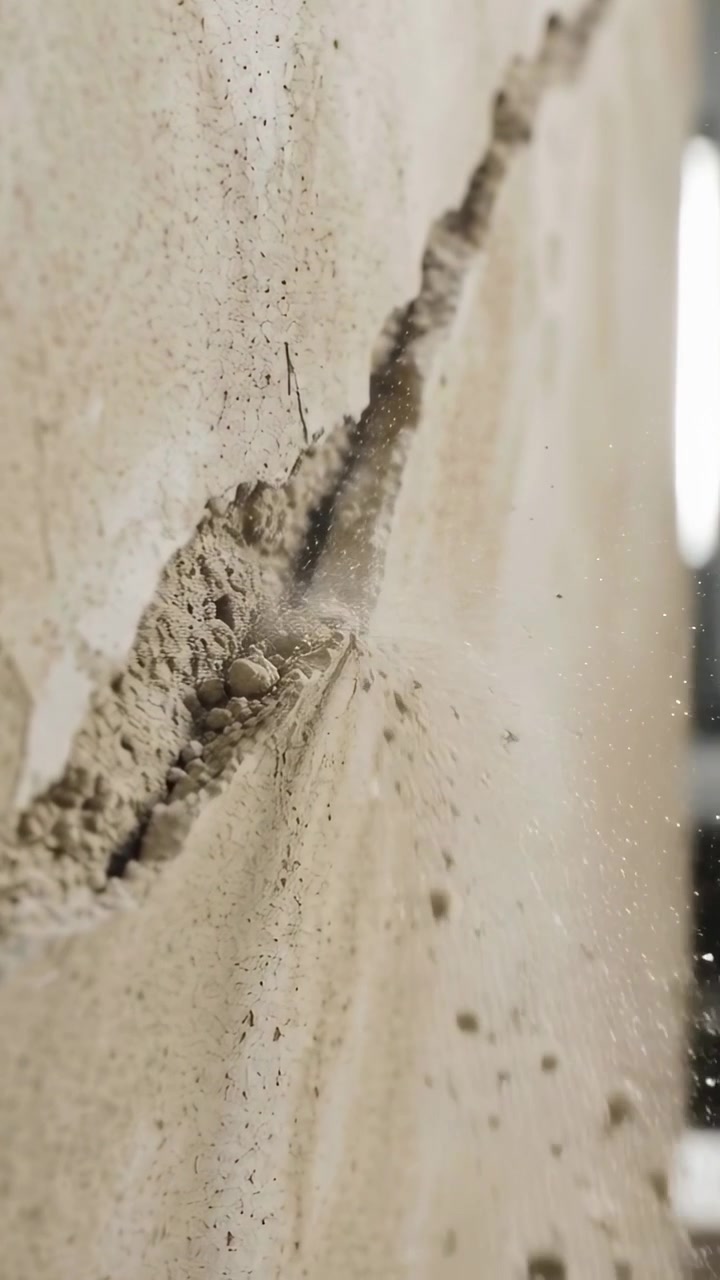 Vertical video: Grinding unseen tool cutting plaster in groove in wall exposing nail, dust spraying