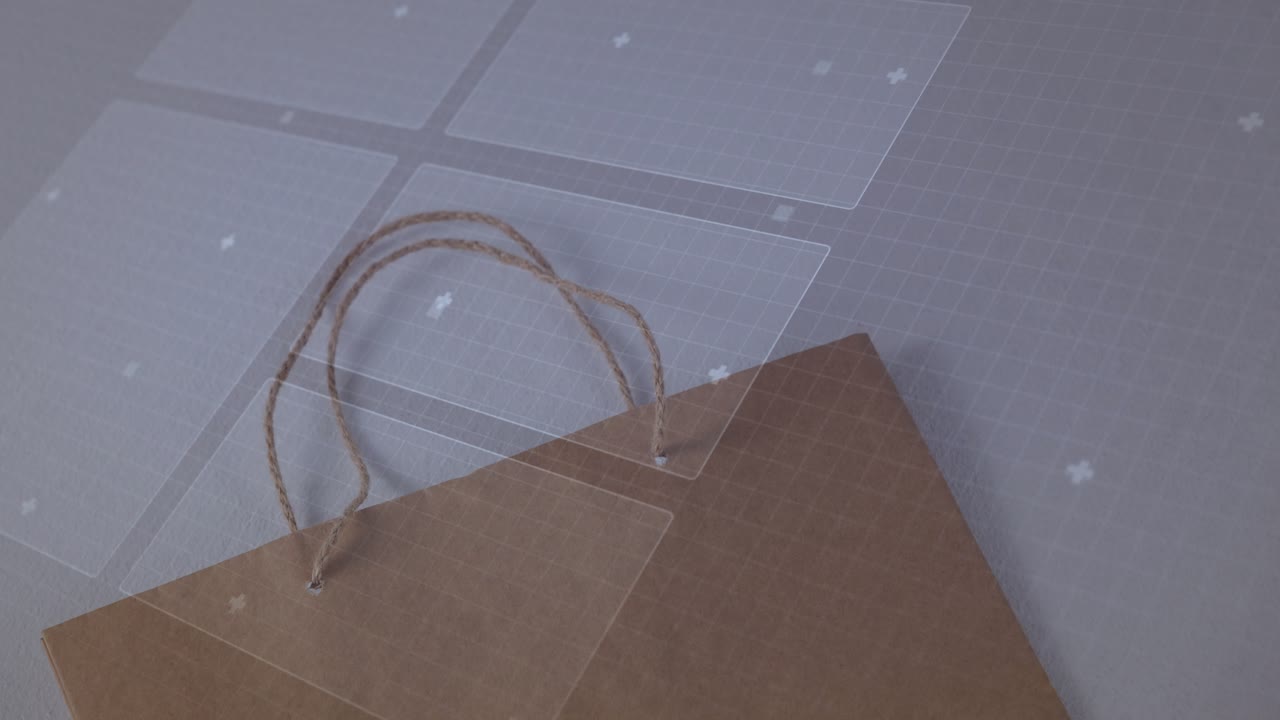 Projection activating over brown paper bag, tiles shifting, chart pulsing, illustrating retail tech