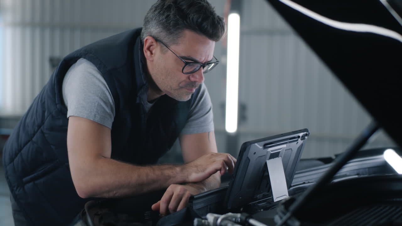 Auto mechanic performs diagnostics on a car using a tablet in a garage