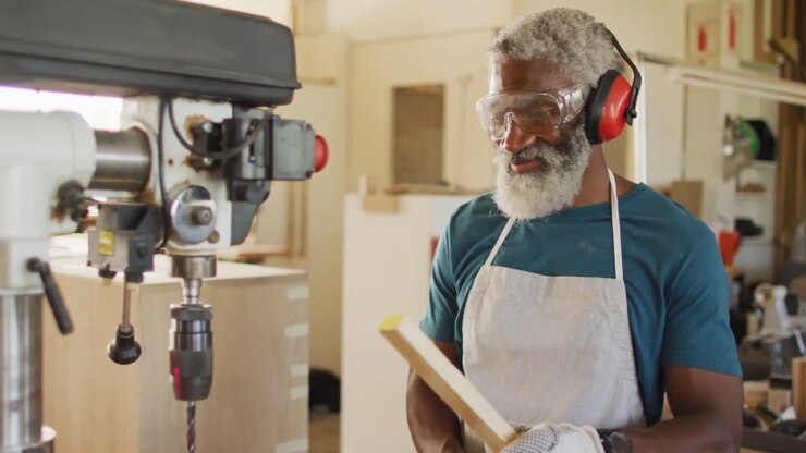 African american male carpenter drilling wood with a laser drill in a carpentry shop