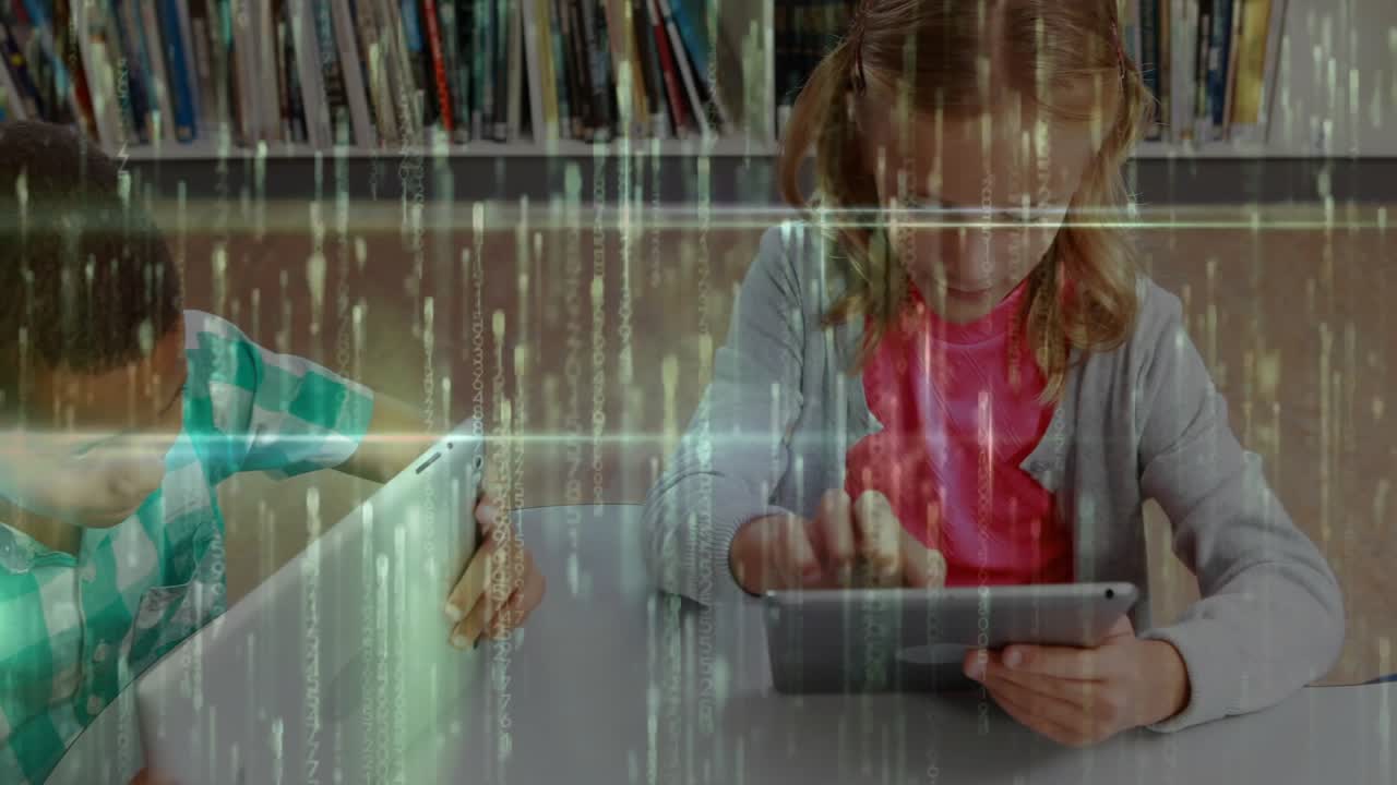 Girl tapping tablet while classmates flipping and typing on laptops for learning in library