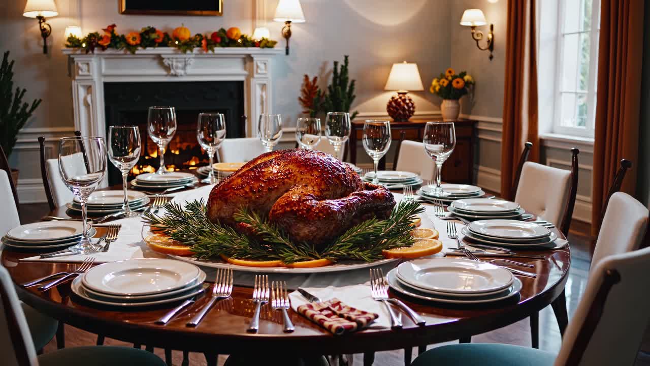 A festive dining table with a roasted turkey centerpiece, captured from a low angle