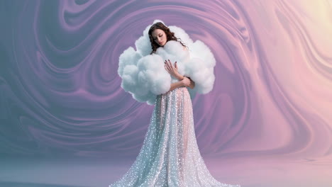woman embracing a cloud in a dreamy setting