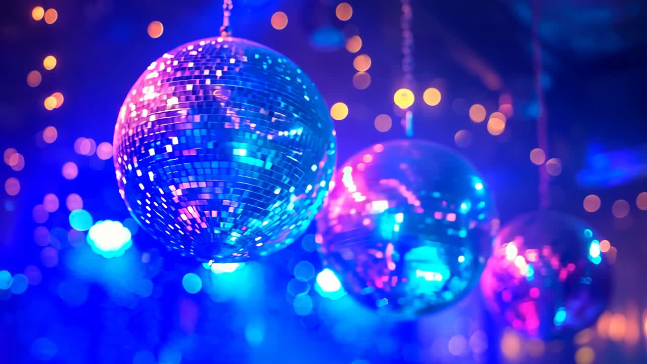 Three disco balls hanging from the ceiling, one blue, one red, and one purple. The lights are bright and colorful, creating a festive atmosphere