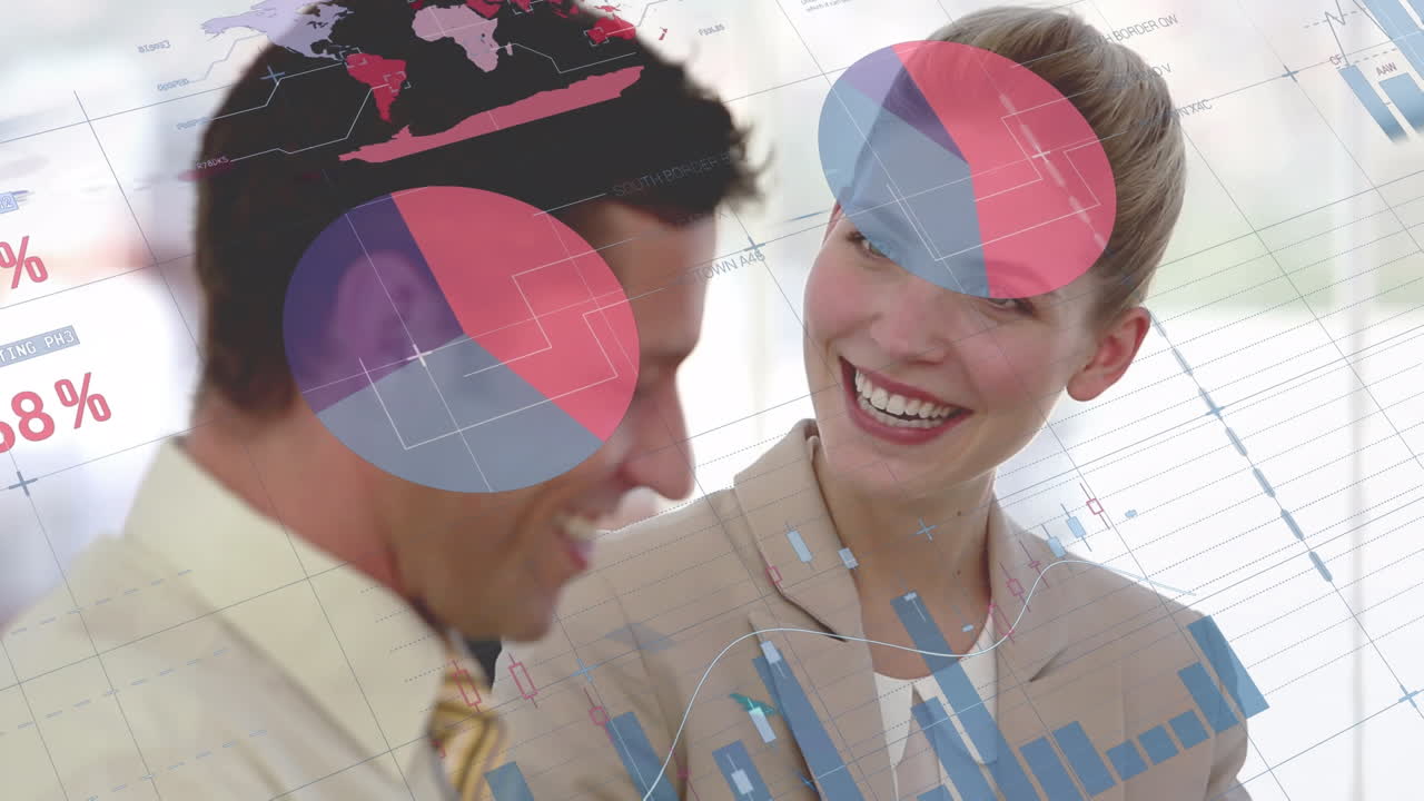 animación del procesamiento de datos estadísticos sobre empresario caucásico y empresario discutiendo