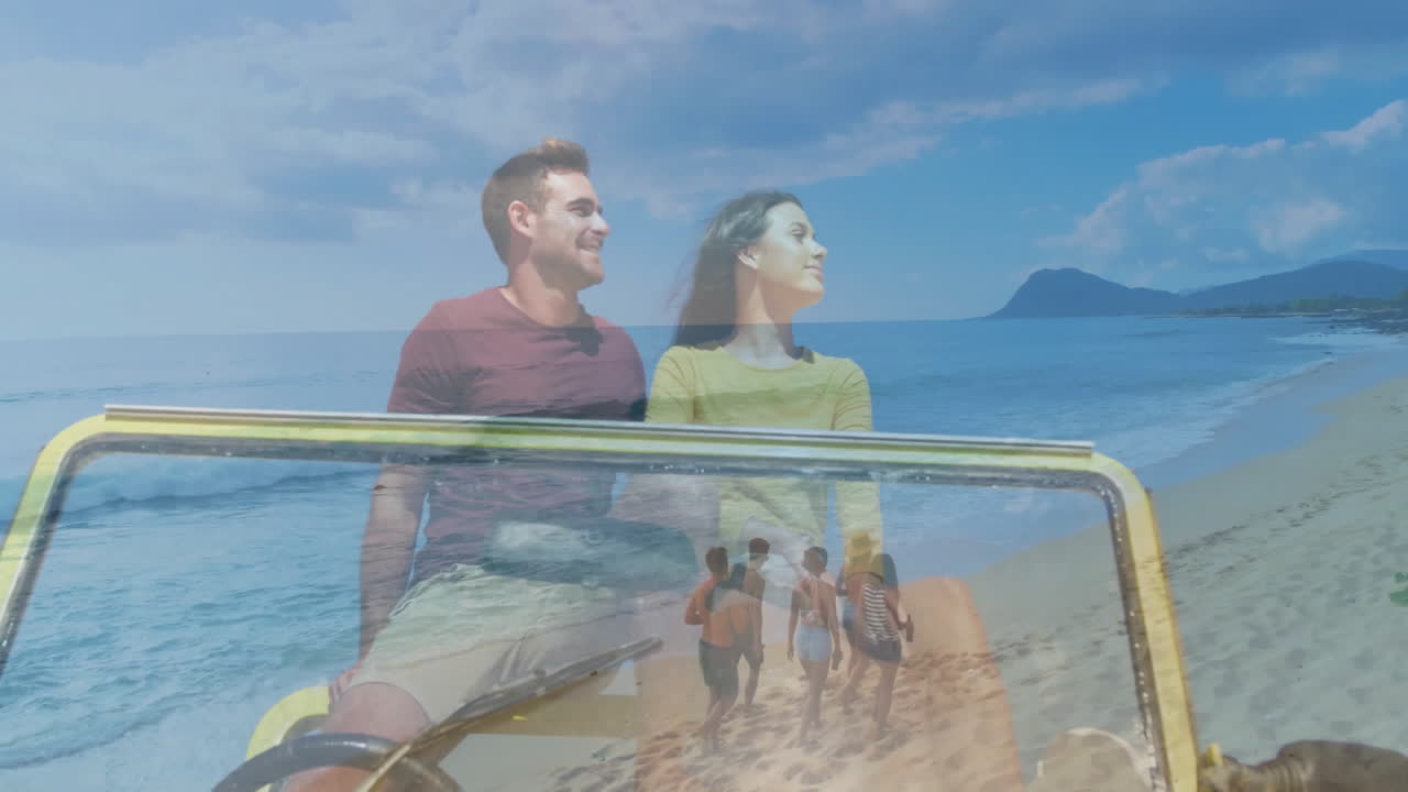 Driving on beach, couple with friends walking along sandy shore, enjoying animation