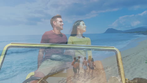 driving on beach, couple with friends walking along sandy shore, enjoying animation