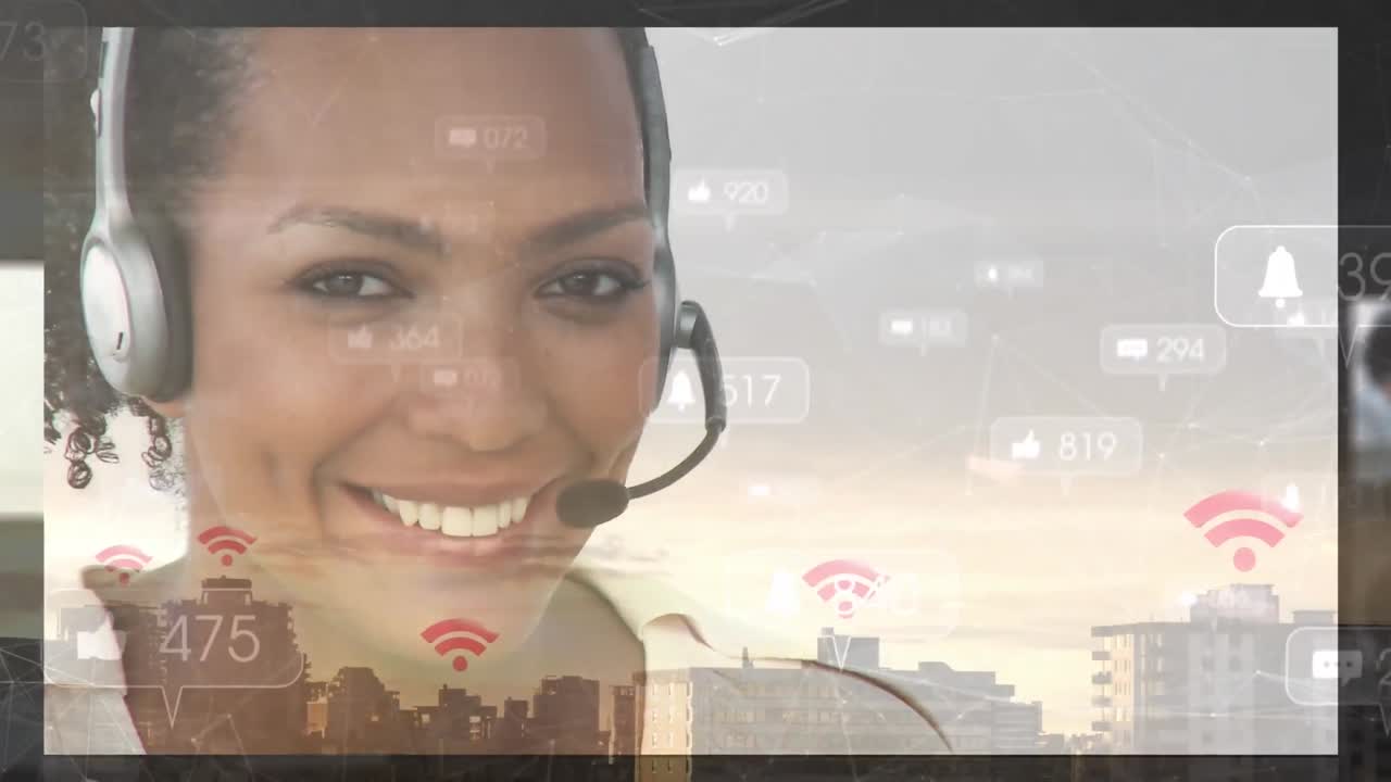 animación de redes de conexiones e iconos sobre personas de negocios que usan auriculares