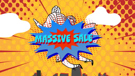 animation of retro massive sale text on blue speech bubble and superhero over red dots on yellow