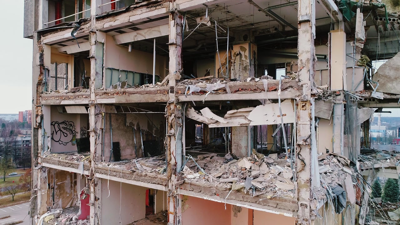 Crumbling residential block in demolition phase as part of urban renewal