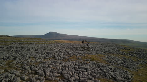 Hiker-on-rocky-hillside-with-rise-up-reveal-of-mountain-Ingleborough-in-English-countryside-at-Ingleton-Yorkshire-UK