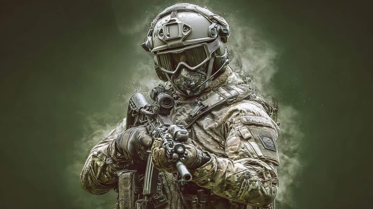 Un soldato tattico in equipaggiamento da combattimento pronto all'azione, con uniforme mimetica, equipaggiamento tattico e un'arma da fuoco, perfettamente immortalato in un'atmosfera drammatica.