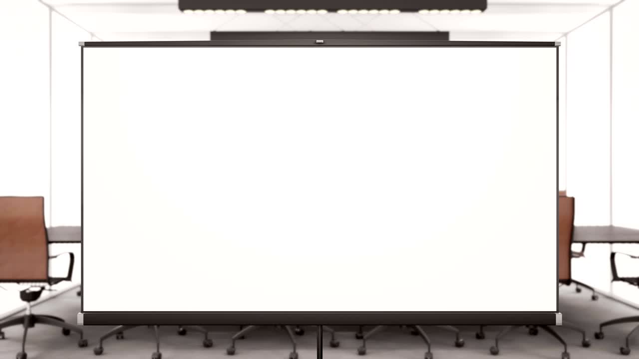 프로젝션 시네마 스크린을 끌어내고 카메라가 스크린으로 확대합니다. 삼각대 뒤에 푸른 사무실 인테리어.