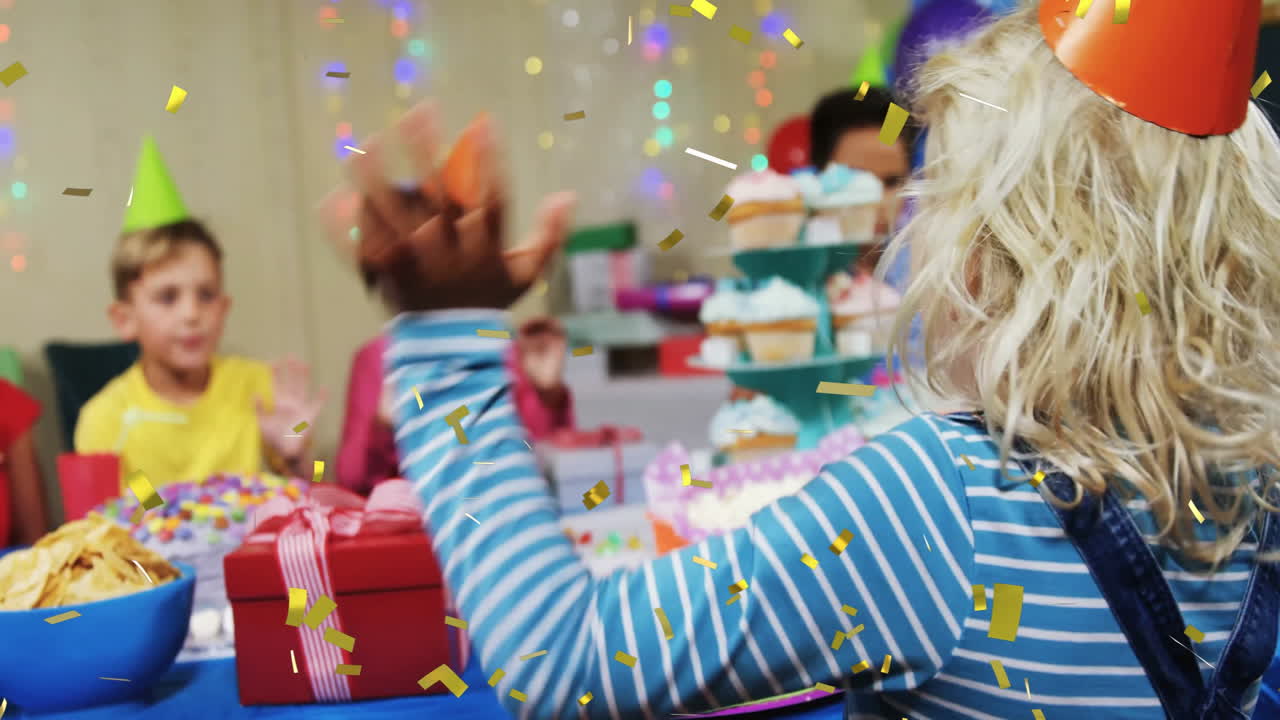 niños celebrando su cumpleaños con animación de confeti sobre una escena de fiesta colorida