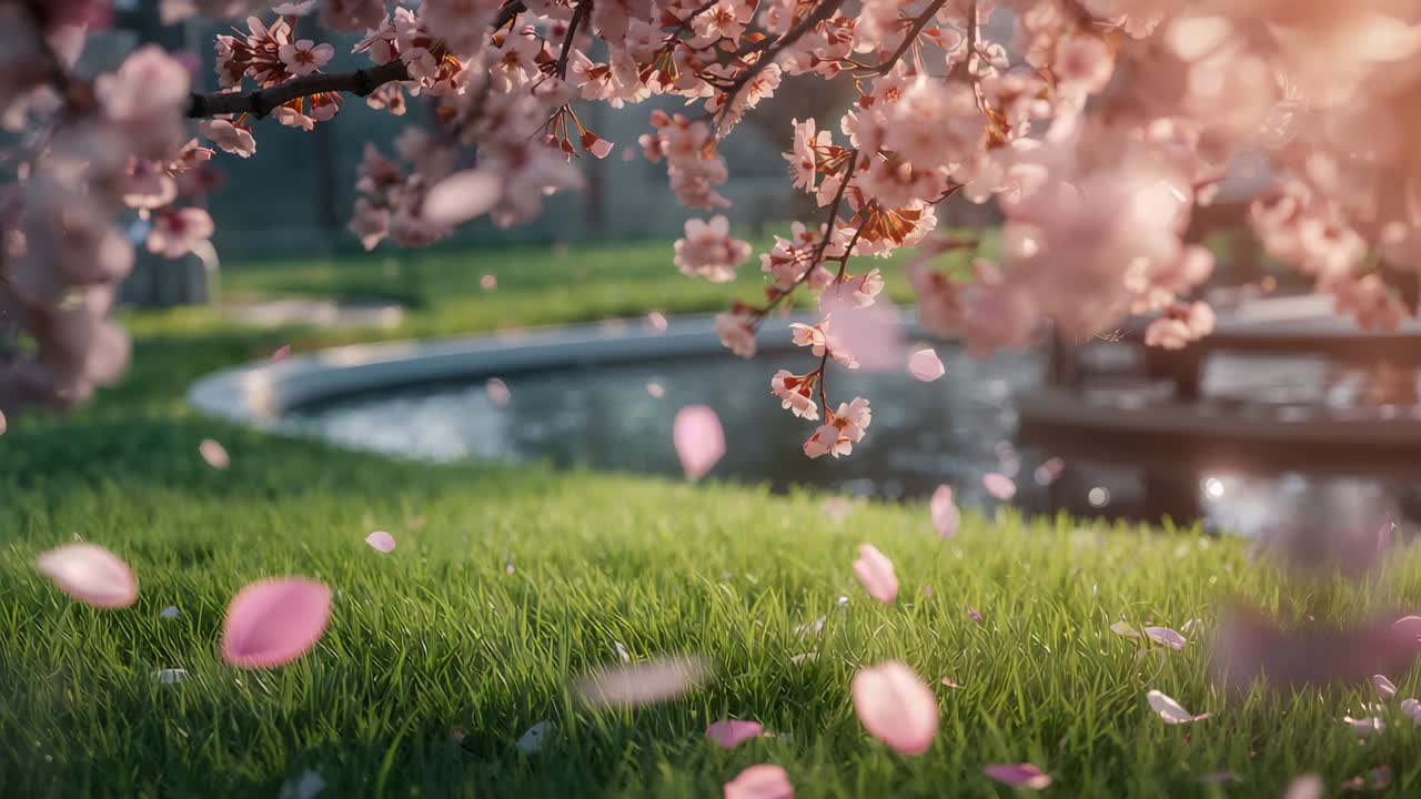 Swaying cherry blossom branch releasing petals in garden breeze, with pond edge and pavilion