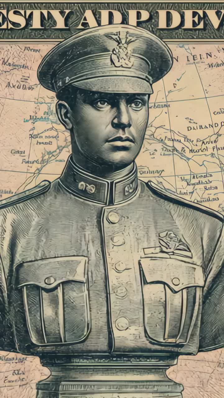 Vertical video: Camera panning down over bust with cap badge in museum revealing insignia on map