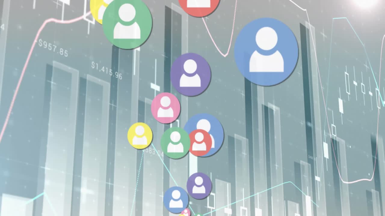 animación de iconos de perfiles que flotan sobre el procesamiento de datos estadísticos contra un fondo gris.