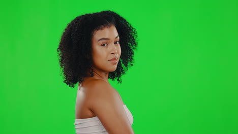 hair, green screen and face of woman for beauty