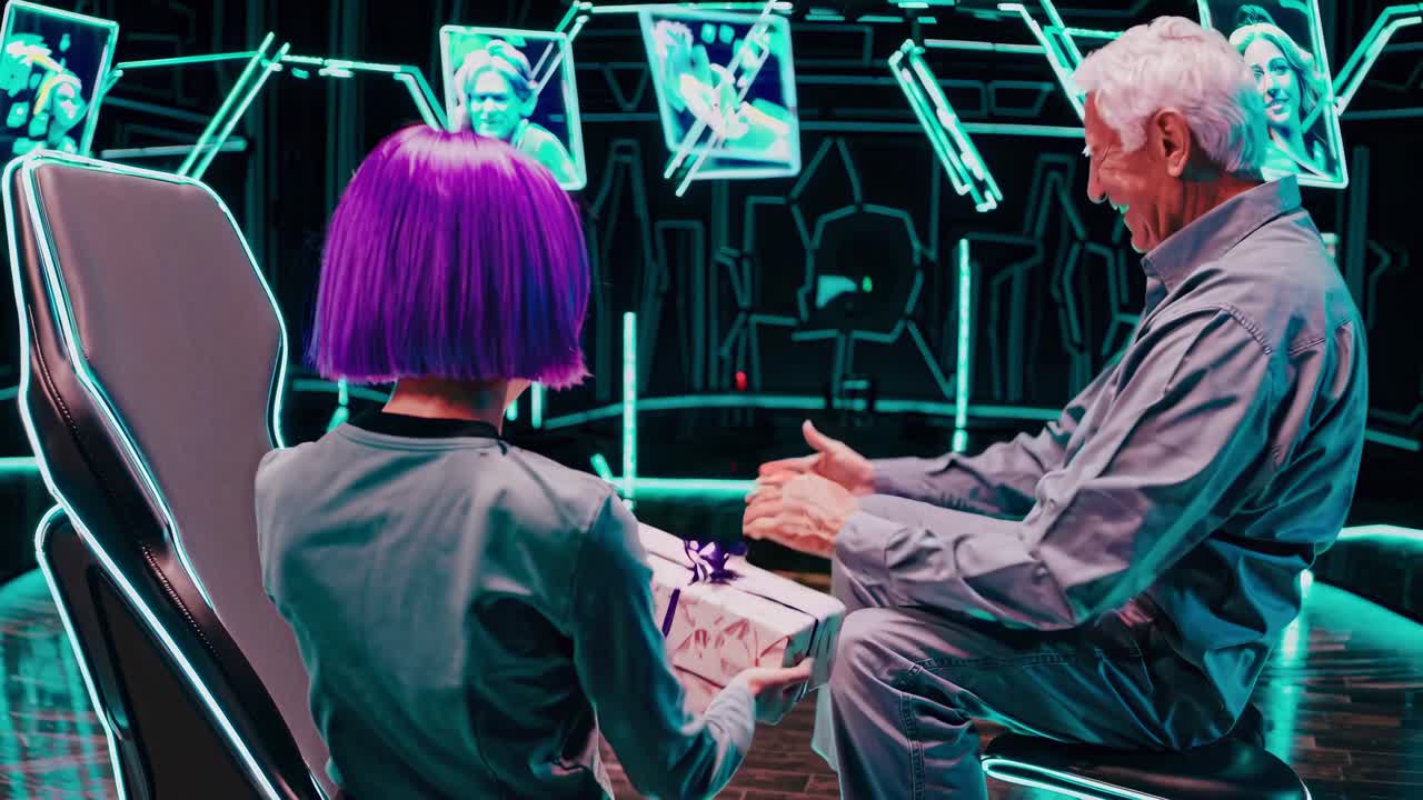 Gift Exchange Between a Young Person and an Elderly Person in a Futuristic Setting