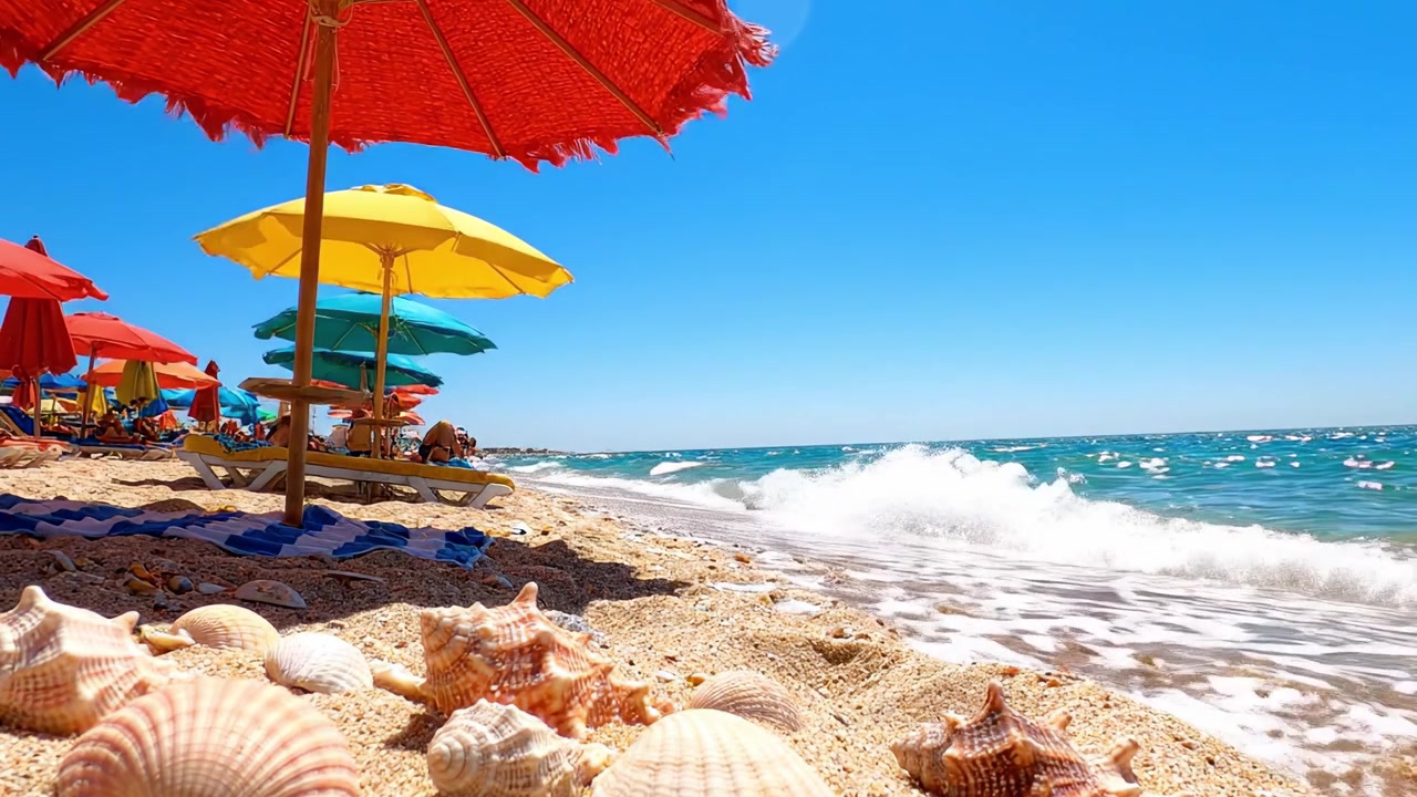 Een rustig strandtafereel met kleurrijke parasols, glimmende schelpen en rustgevende golven onder een kristalheldere hemel, ideaal voor ontspanning en zomerplezier