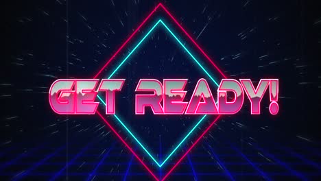 retro get ready text glitching over blue and red squares on white hyperspace effect