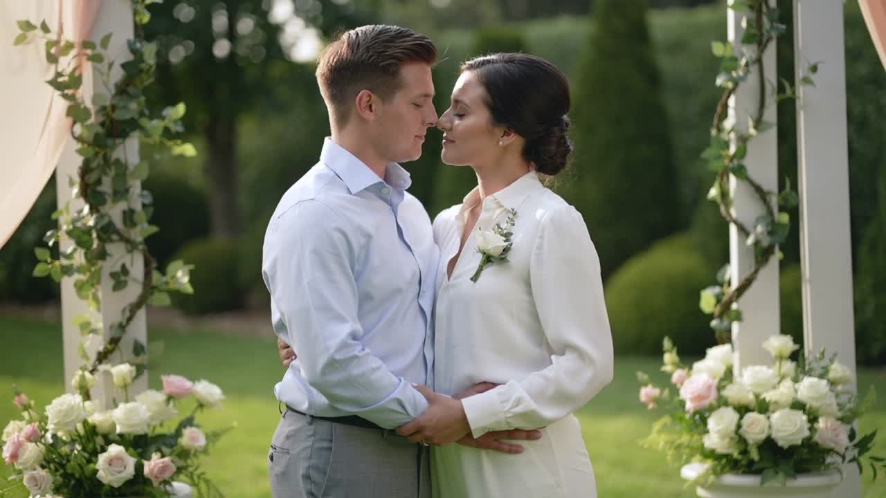 Kvinde i hvid kjole læner sig og bevæger sig tættere på mand i blå skjorte ved en ceremonihavebue, med corsage og urner.