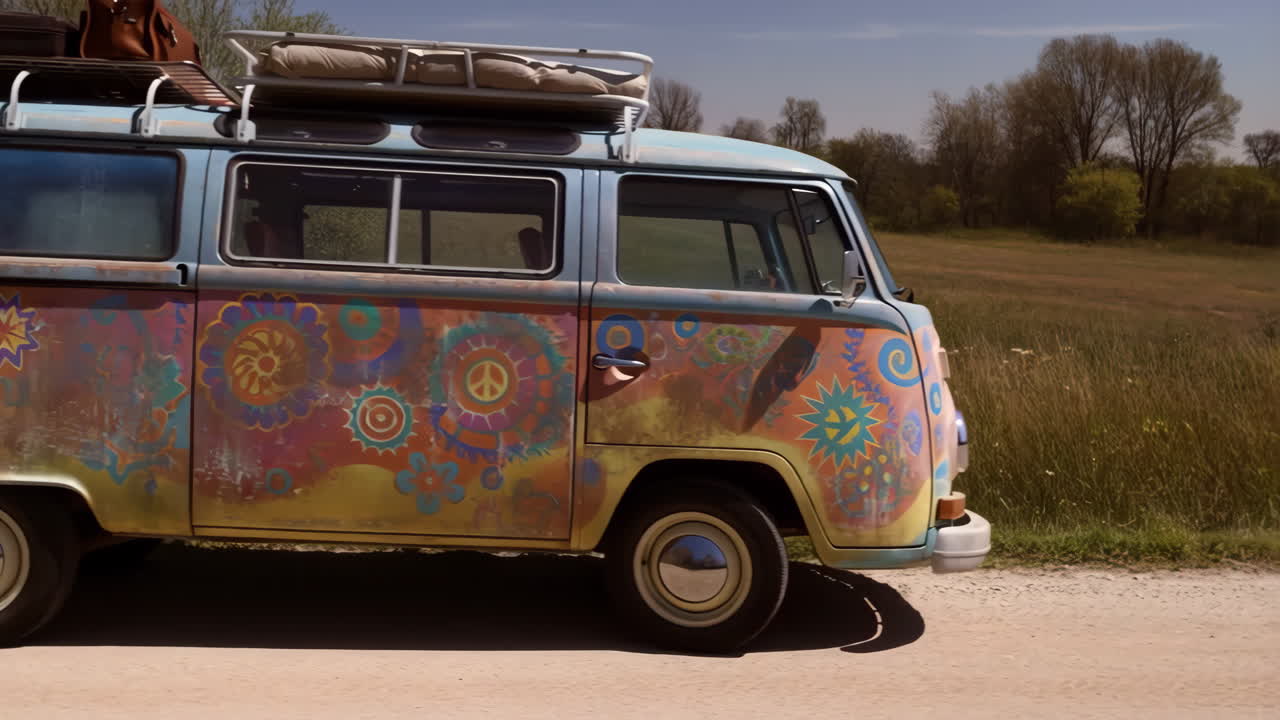 A colorful vintage hippie van on a dirt road