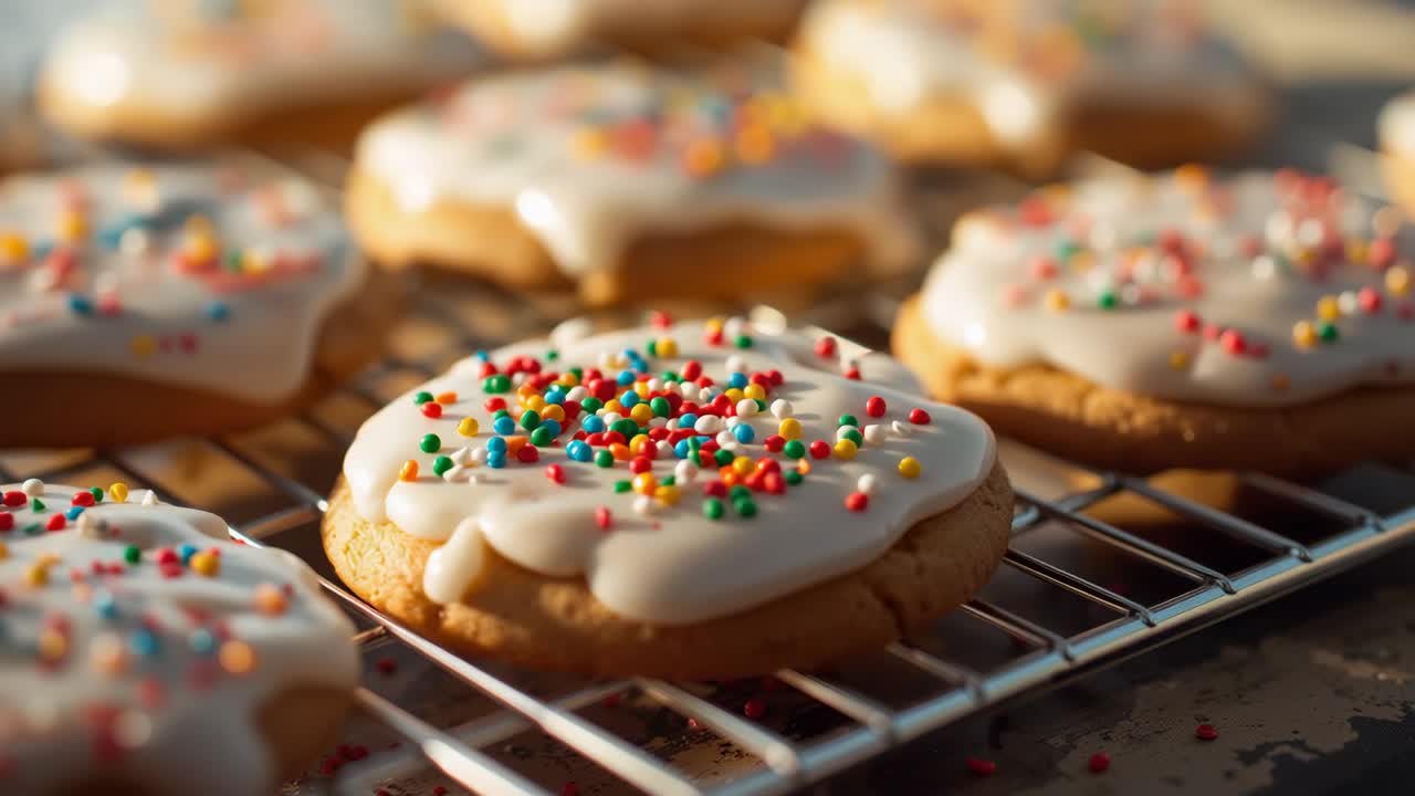 Starting camera focusing on iced cookie on wire rack on countertop showing colorful sprinkle detail