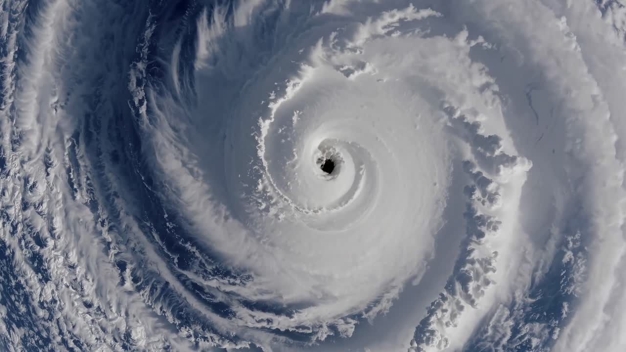 Aerial video captures a swirling cyclone over the ocean, showcasing the dynamic, powerful spiral
