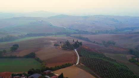 spectacular aerial top view flight house morning atmosphere rural idyllic environment tuscany italy