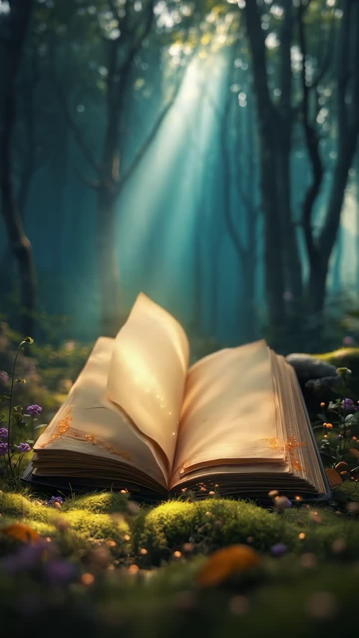 Un libro magico aperto in una foresta, ripresa dal basso, con la luce del sole che filtra
