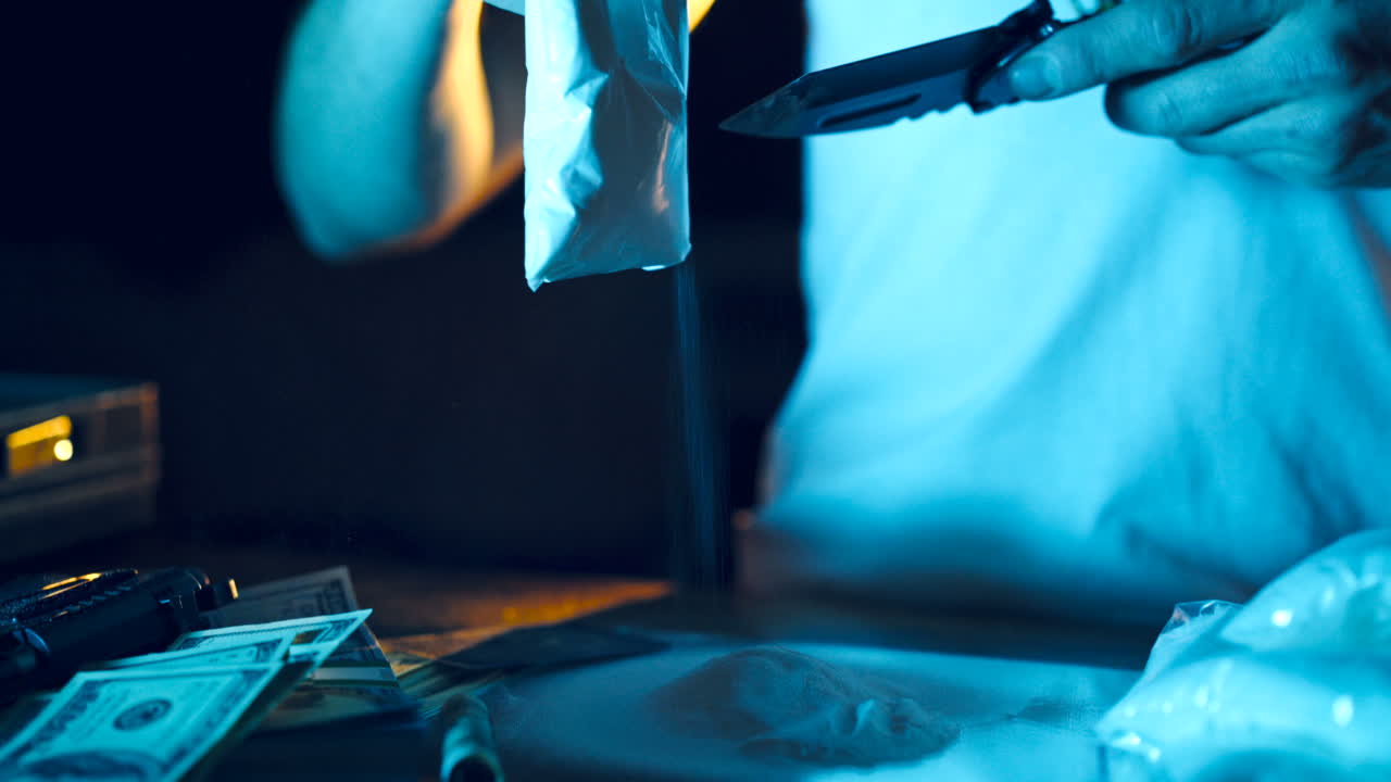 Drug dealer takes a package with a drug and cuts it with a knife to sample it. Abuse of drugs. Criminal Business